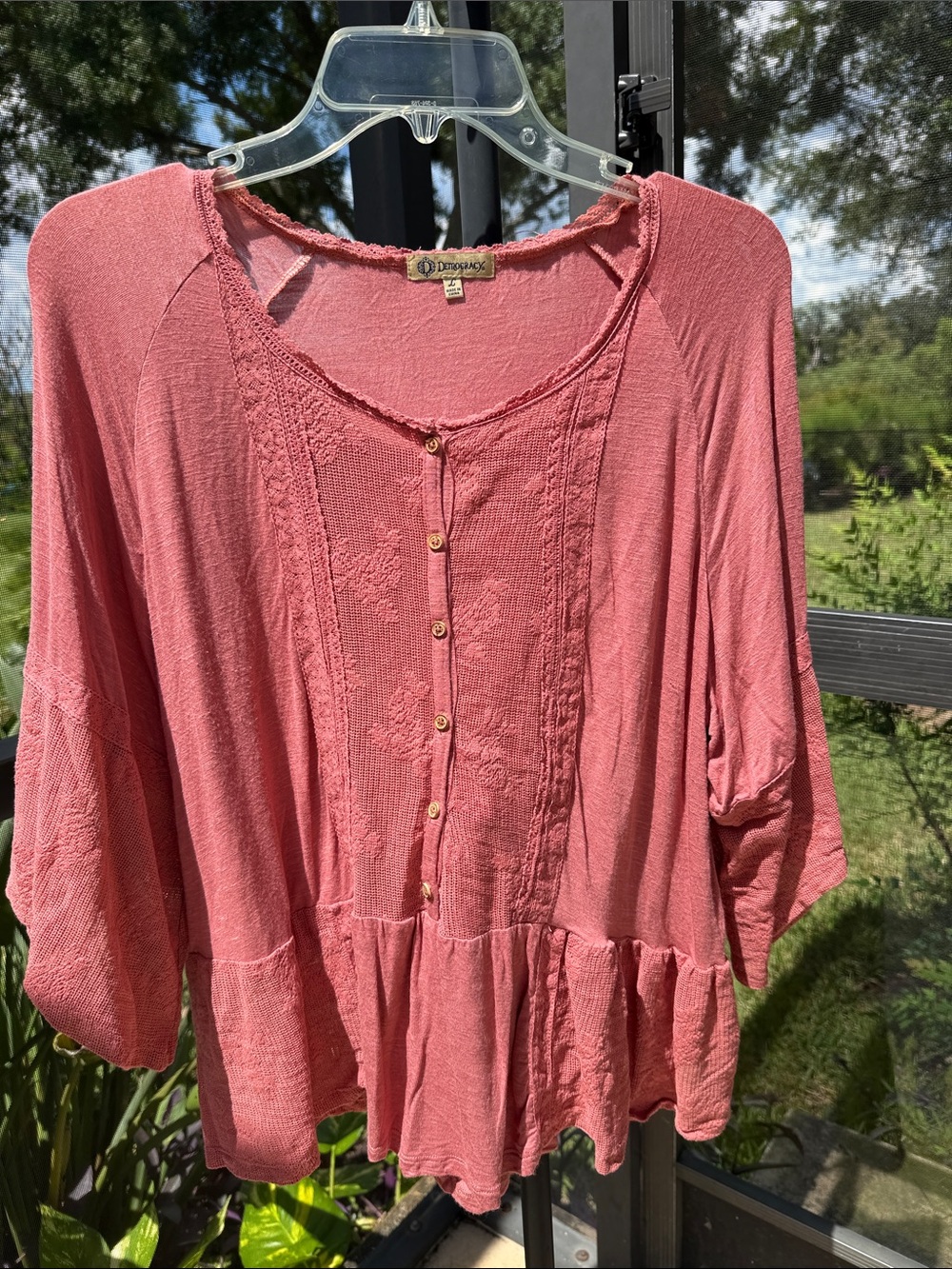 Democracy Rose Pink Button-Front Peplum Tunic
